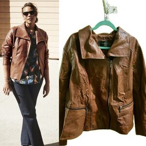 2X Cognac Bernardo Leather Jacket Wide Collar